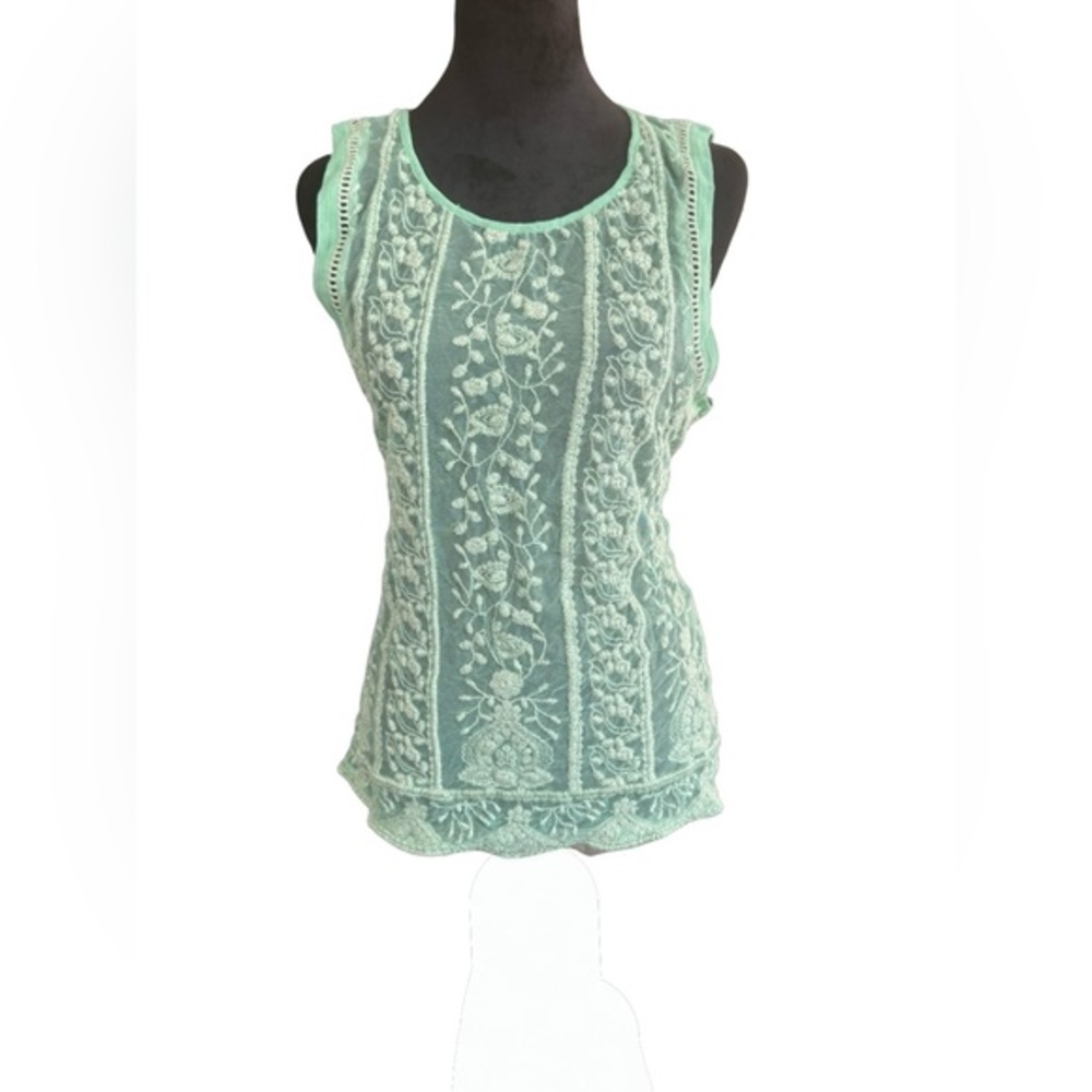 Sundance Embroidered Floral Sheer pistachio Green Lace Boho Sleeveless Top Sz L - Picture 1 of 6